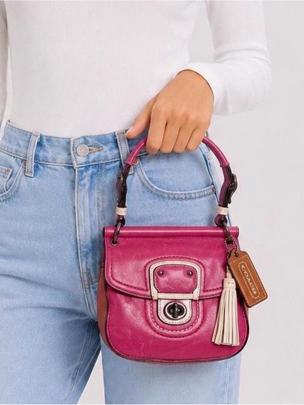 Coach Fuchsia Leather Mini Top-Handle Bag with Tassel Charm